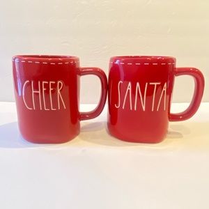 Rae Dunn CHEER & SANTA Red Mugs Christmas Coffee White Stitching Holiday Cup NEW